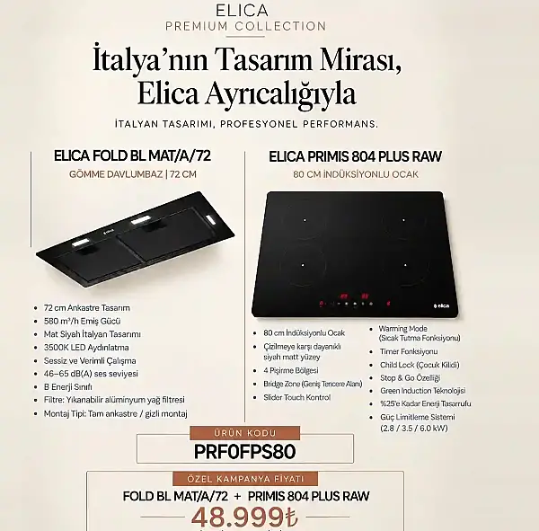 Elica Gömme Davlumbaz 72cm FOLD BL MAT/A/72 + Elica 80cm İndüksiyonlu Ocak PRIMIS 804 PLUS RAW (PRF0FPS80) - 2
