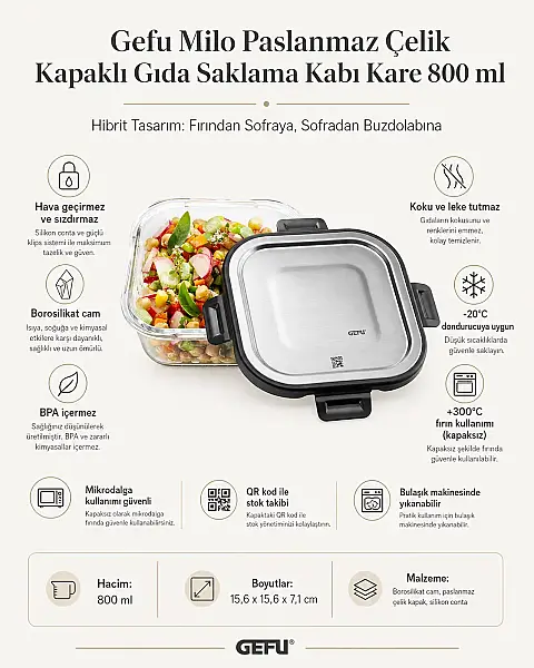 Gefu Milo Paslanmaz Çelik Kapaklı Gıda Saklama Kabı Kare 800 ml (GF 12757) - 5