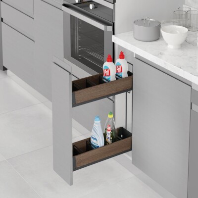 Starax Unique Wood-Antrasit Gizli Raylı 20cm Kaymaz Yüzeyli Çift Açılım Sol Deterjanlık (S-2441-UW-A) - 1