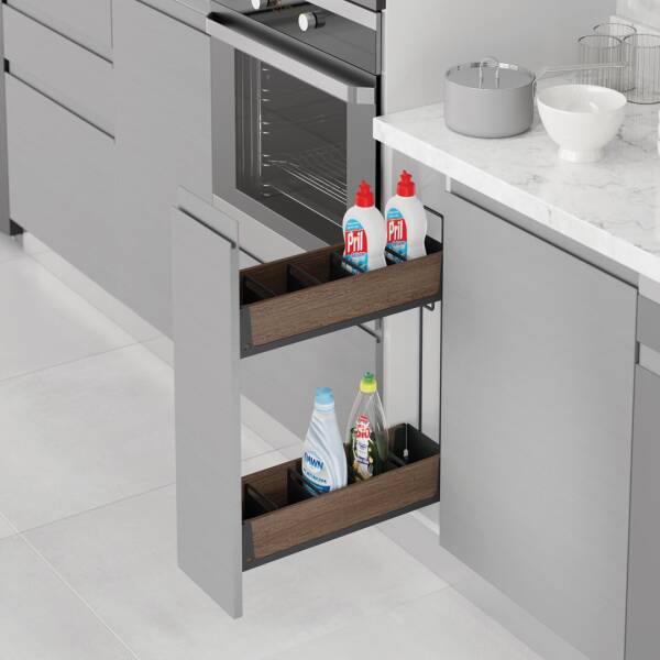 Starax Unique Wood-Antrasit Gizli Raylı 20cm Kaymaz Yüzeyli Çift Açılım Sol Deterjanlık (S-2441-UW-A) - 1