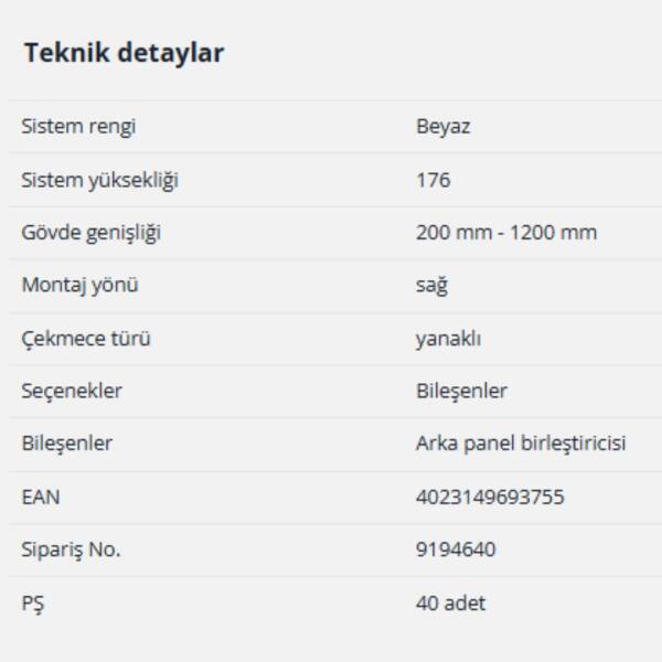 Hettich Arka Panel Birleştirici 176 mm Beyaz Sağ (9194640) - 2