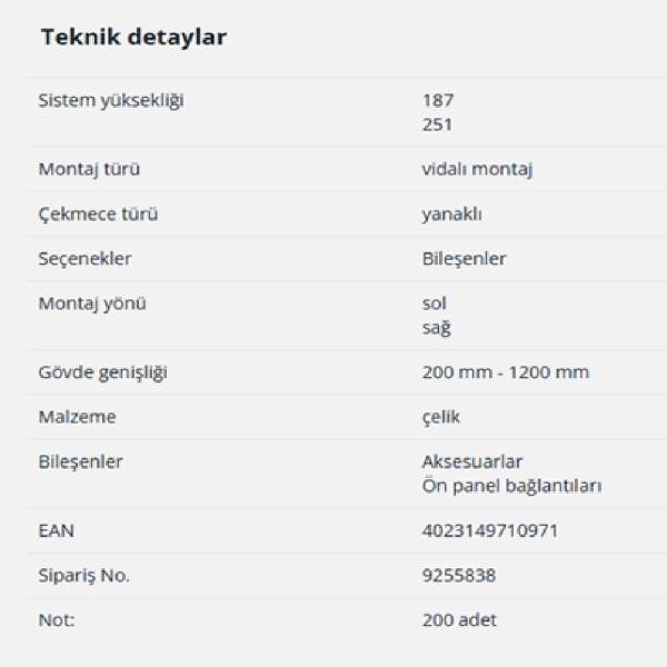 Hettich AvanTech You Kasa Ön Panel Bağlantısı 187mm Vidalı Montaj (9255838) - 2