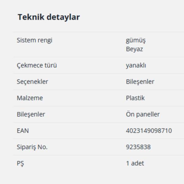 Hettich İç Çekmece Mandalı Gri (9235838) - 2
