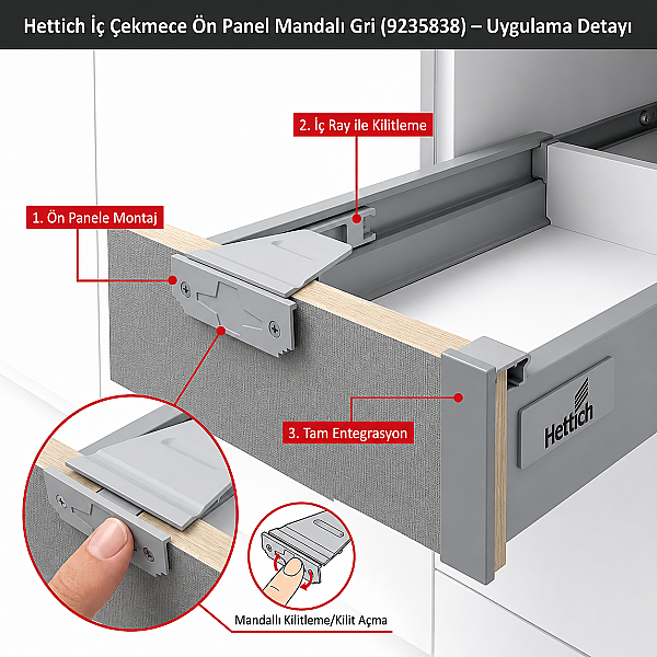 Hettich İç Çekmece Mandalı Gri (9235838) - 1