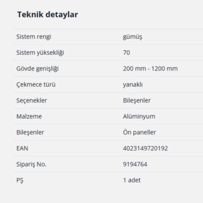 Hettich İç Çekmece Ön Panel Gri 2000 mm / 70 mm (9194764) - 2