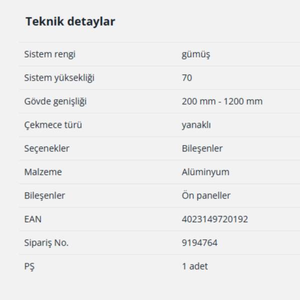 Hettich İç Çekmece Ön Panel Gri 2000 mm / 70 mm (9194764) - 2