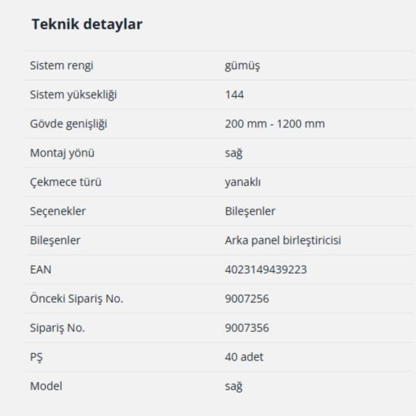 Hettich InnoTech Atira Arka Panel Birleştirici 144 mm Gri Sağ (9007356) - 2