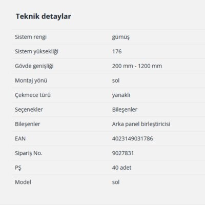Hettich InnoTech Atira Arka Panel Birleştirici 176 mm Gri Sol (9027831) - 2