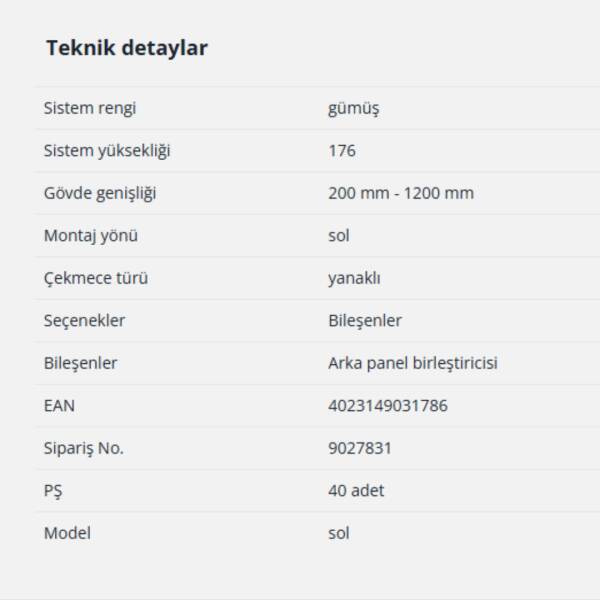Hettich InnoTech Atira Arka Panel Birleştirici 176 mm Gri Sol (9027831) - 2