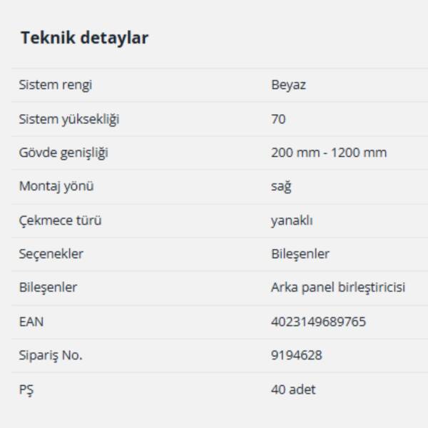 Hettich InnoTech Atira Arka Panel Birleştirici 70 mm Beyaz Sağ (9194628) - 2