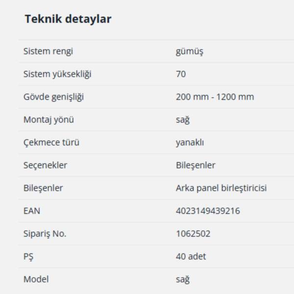 Hettich InnoTech Atira Arka Panel Birleştirici 70 mm Gümüş Sağ (1062502) - 2