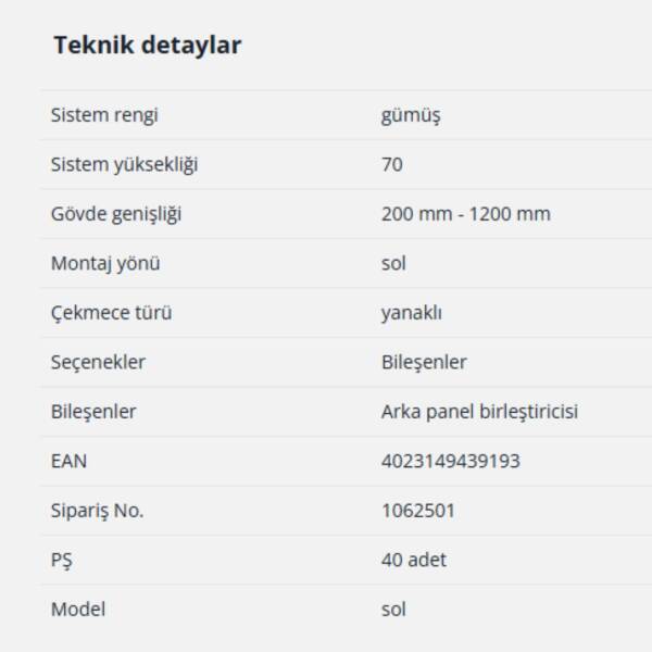 Hettich InnoTech Atira Arka Panel Birleştirici 70 mm Gümüş Sol (1062501) - 2