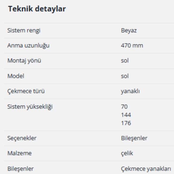 Hettich InnoTech Atira Beyaz Çekmece Yanağı 470mm Sol (9194412) - 2