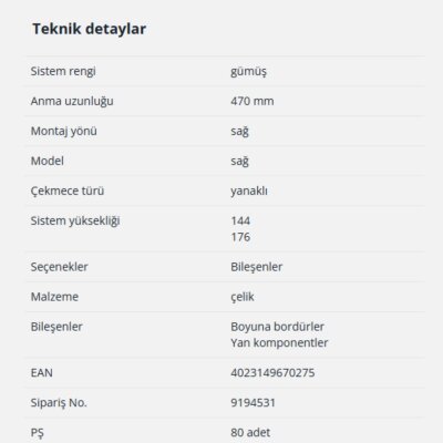 Hettich InnoTech Atira Bordür Çubuğu 470mm Gri Sağ (9194531) - 2