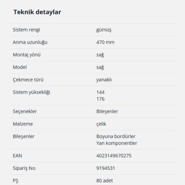 Hettich InnoTech Atira Bordür Çubuğu 470mm Gri Sağ (9194531) - 2