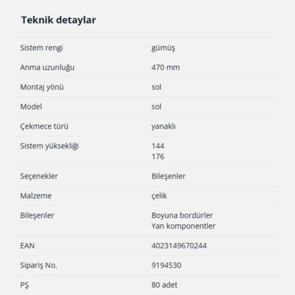 Hettich InnoTech Atira Bordür Çubuğu 470mm Gri Sol (9194530) - 2