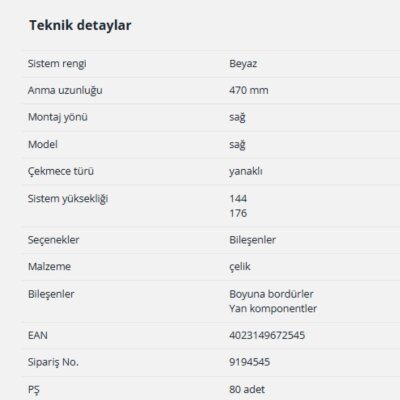 Hettich InnoTech Atira Bordür Çubuğu Beyaz 470mm Sağ (9194545) - 2