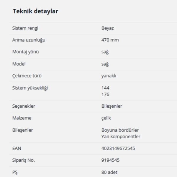 Hettich InnoTech Atira Bordür Çubuğu Beyaz 470mm Sağ (9194545) - 2