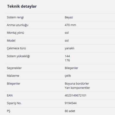 Hettich InnoTech Atira Bordür Çubuğu Beyaz 470mm Sol (9194544) - 2