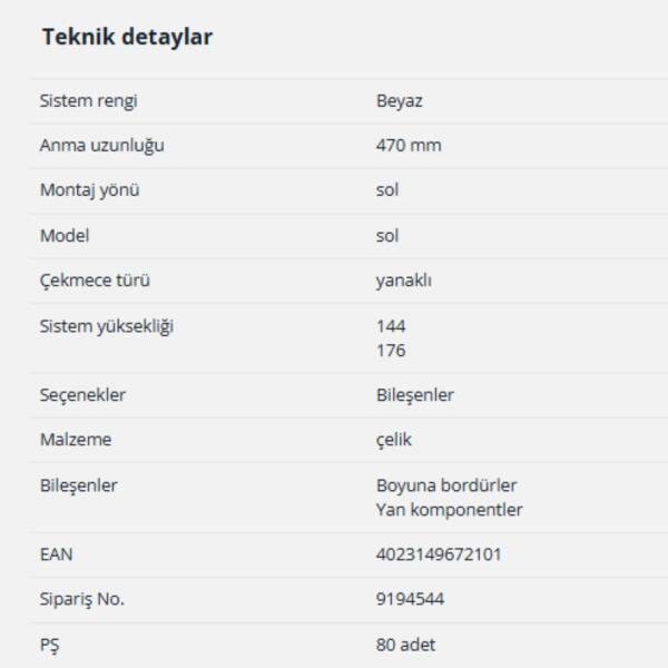 Hettich InnoTech Atira Bordür Çubuğu Beyaz 470mm Sol (9194544) - 2