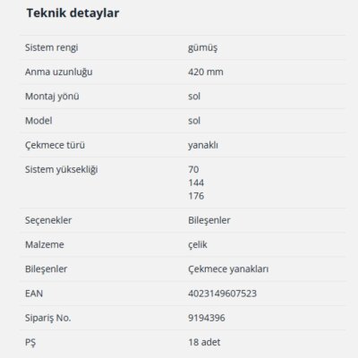 Hettich InnoTech Atira Çekmece Yanağı 420mm Sol Gri (9194396) - 2