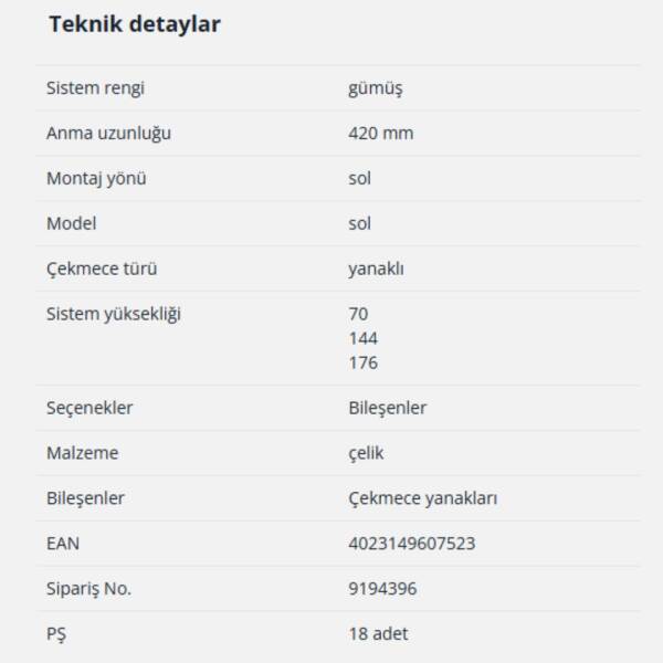 Hettich InnoTech Atira Çekmece Yanağı 420mm Sol Gri (9194396) - 2