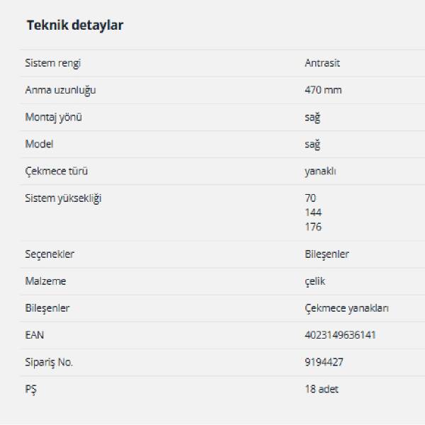 Hettich InnoTech Atira Çekmece Yanağı 470 mm Antrasit Sağ (9194427) - 2