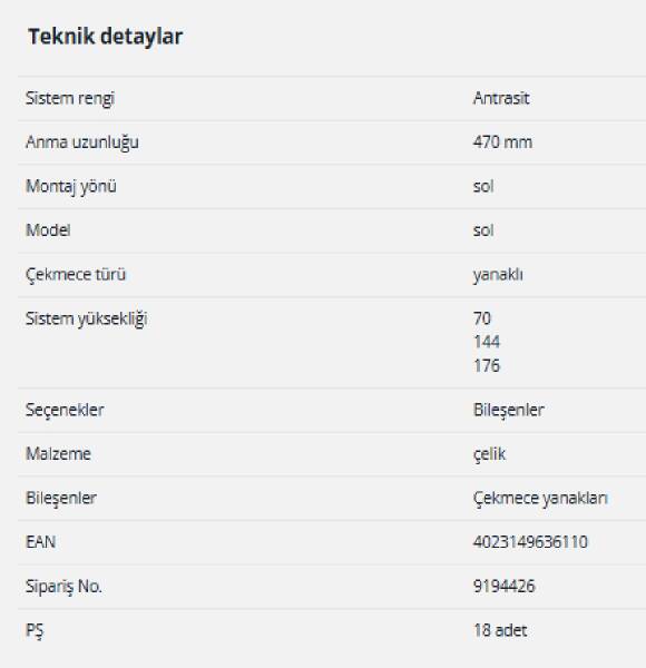 Hettich InnoTech Atira Çekmece Yanağı 470 mm Antrasit Sol (9194426) - 2