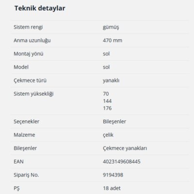 Hettich InnoTech Atira Çekmece Yanağı 470 mm Gri Sol (9194398) - 2