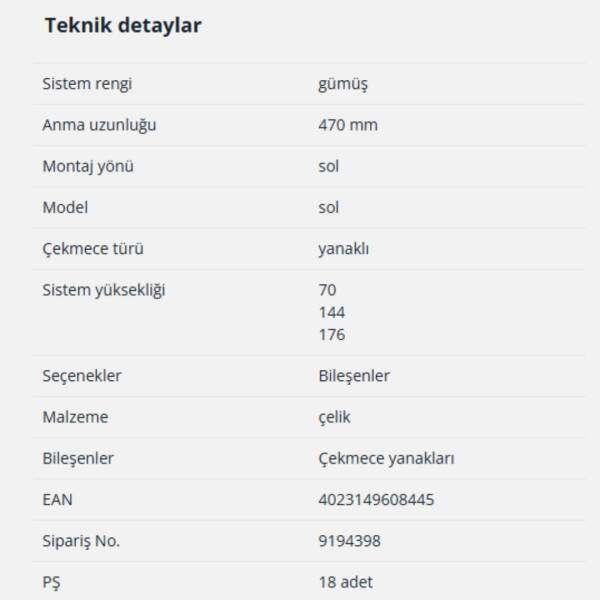 Hettich InnoTech Atira Çekmece Yanağı 470 mm Gri Sol (9194398) - 2