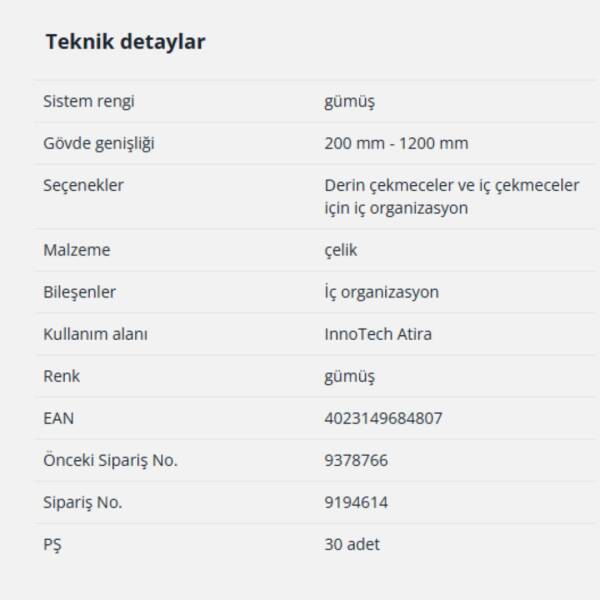Hettich İnnoTech Atira İç Çekmece Ön Bordürü Gri 2000 mm (9194614) - 3