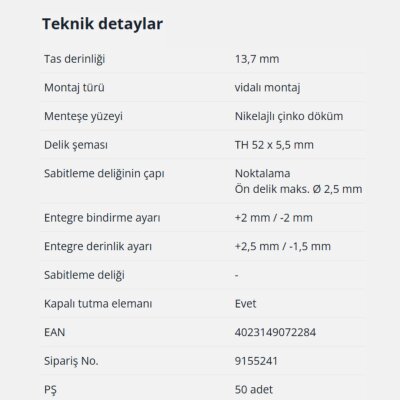 Hettich Intermat Kalın Kapak Menteşesi Düz 43mm (9155241) - 6