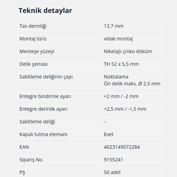 Hettich Intermat Kalın Kapak Menteşesi Düz 43mm (9155241) - 6