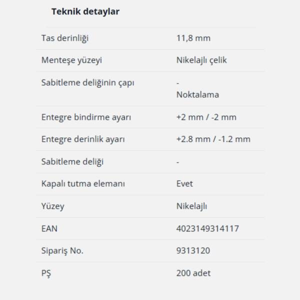 Hettich Novisys Tam Deve Boynu Frenli Menteşe 105 Derece (9313120) - 7