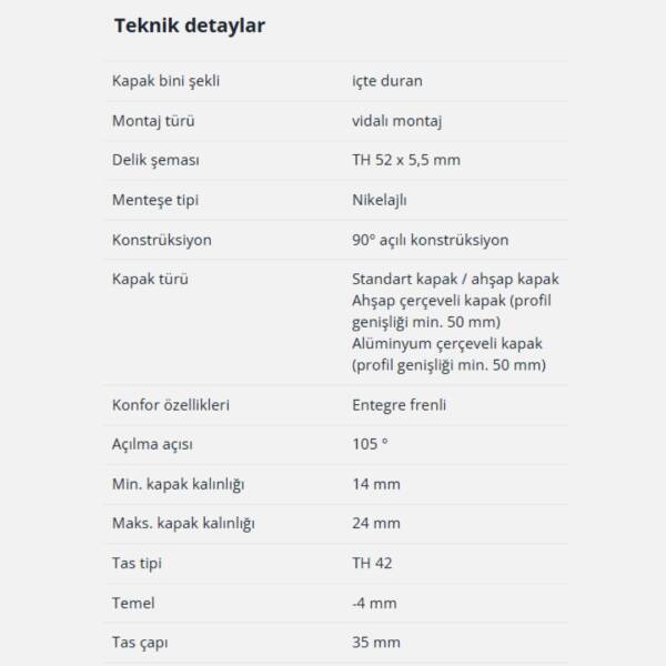 Hettich Novisys Tam Deve Boynu Frenli Menteşe 105 Derece (9313120) - 6