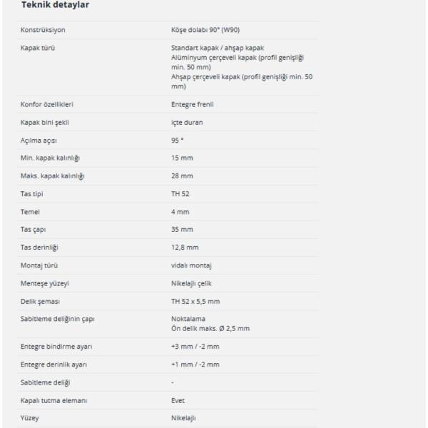 Hettich Sensys 90 Derece Kör Kapak Menteşesi Frenli (9088021) - 6