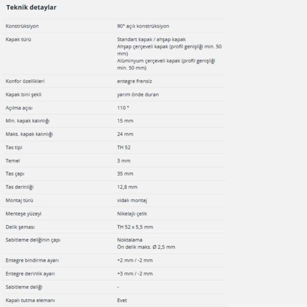 Hettich Sensys Frensiz Yarım Deve Menteşe 110 Derece (9071260) - 5