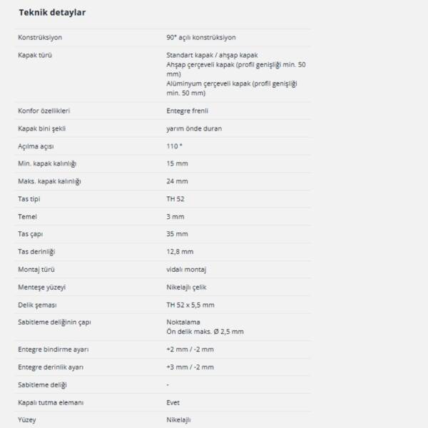 Hettich Sensys Yarım Deve Menteşe 110 Derece Frenli (9071206) - 6
