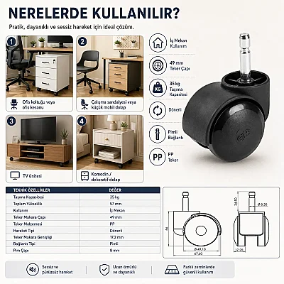 Hts 50lik İnce Pimli Siyah Tekerlek (120-02-50-08) - 3