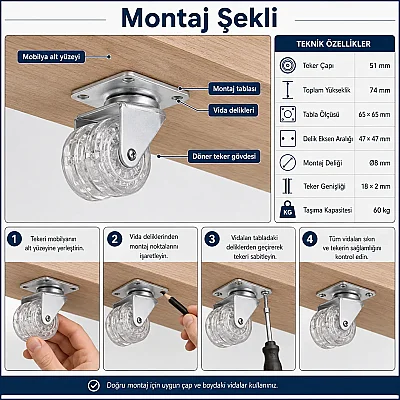 Hts Çift Makaralı Tablalı Şeffaf Tekerlek 50mm (120-02-50-22) - Hts (1)