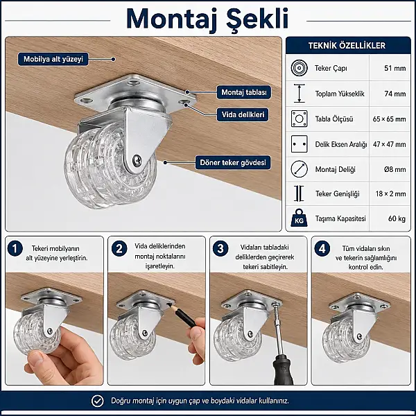 Hts Çift Makaralı Tablalı Şeffaf Tekerlek 50mm (120-02-50-22) - 2