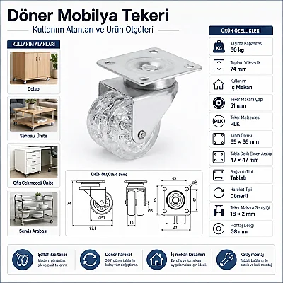 Hts Çift Makaralı Tablalı Şeffaf Tekerlek 50mm (120-02-50-22) - 3