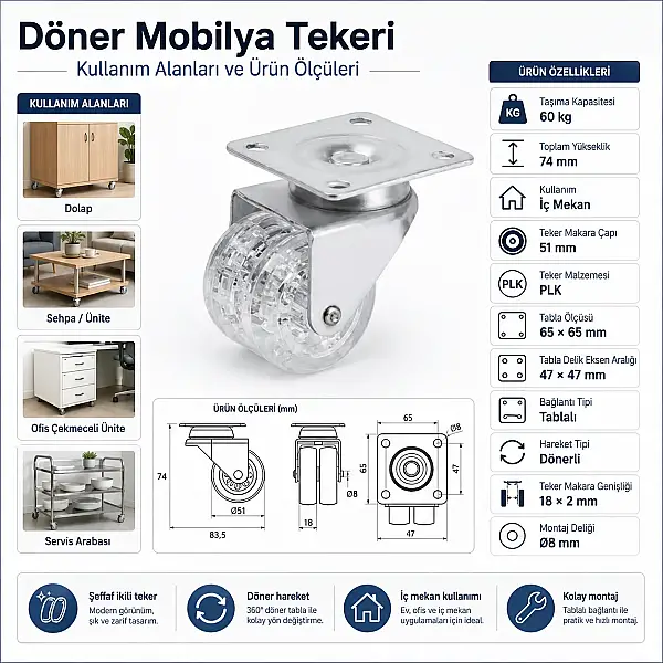 Hts Çift Makaralı Tablalı Şeffaf Tekerlek 50mm (120-02-50-22) - 3