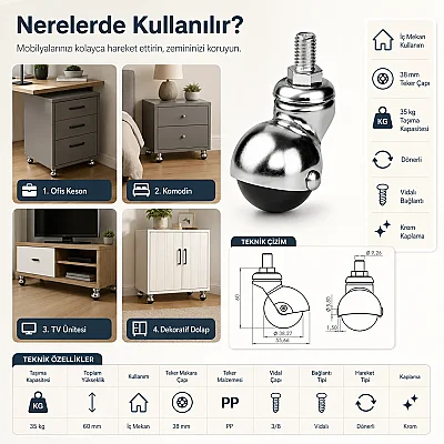 Hts Vidalı Küre 42mm Siyah Tekerlek (120-02-42-01) - 3