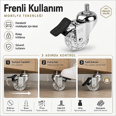 Hts Vidalı Makaralı 50mm Şeffaf Frenli Tekerlek (120-02-50-13) - 3