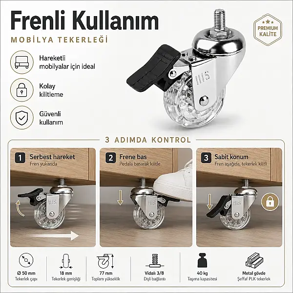Hts Vidalı Makaralı 50mm Şeffaf Frenli Tekerlek (120-02-50-13) - 3