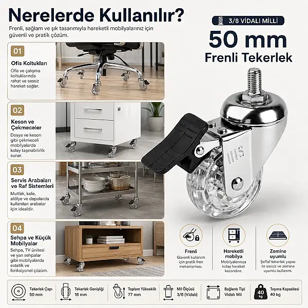 Hts Vidalı Makaralı 50mm Şeffaf Frenli Tekerlek (120-02-50-13) - 4