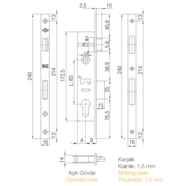 Kale 153 Silindirli Barelsiz Dar Tip 20 mm Kapı Kilidi (705KR) - 2