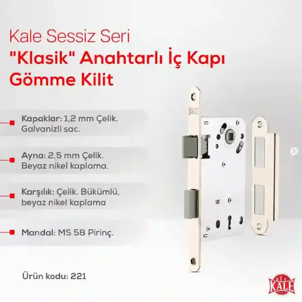 Kale 221 Sessiz Oda Kilidi 50mm Nikel - 1