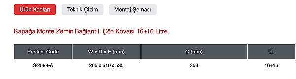 Kapağa Monte Zemin Bağlantılı Çöp Kovası 16+16 Lt.-Antrasit (S-2588-A) - 2